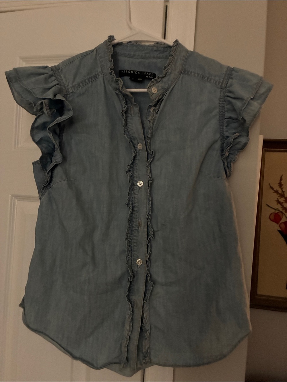 Veronica Beard Chambray Ruffle Button Down. Size Medium Fits Like a Small